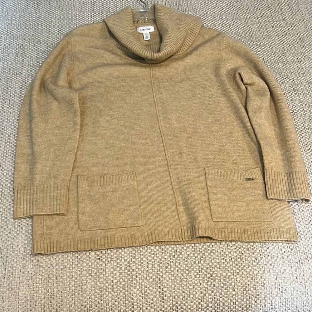 CALVIN KLEIN tan camel colored cowl neck sweater with pockets womens L
